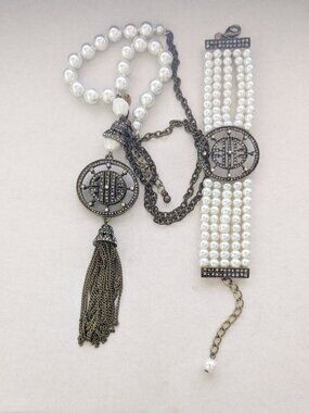 1980's LESLIE DANZIS Designer Signed Crystal Studded Baroque Tassel Necklace